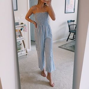 SheIn Blue Striped Smocked Jumpsuit